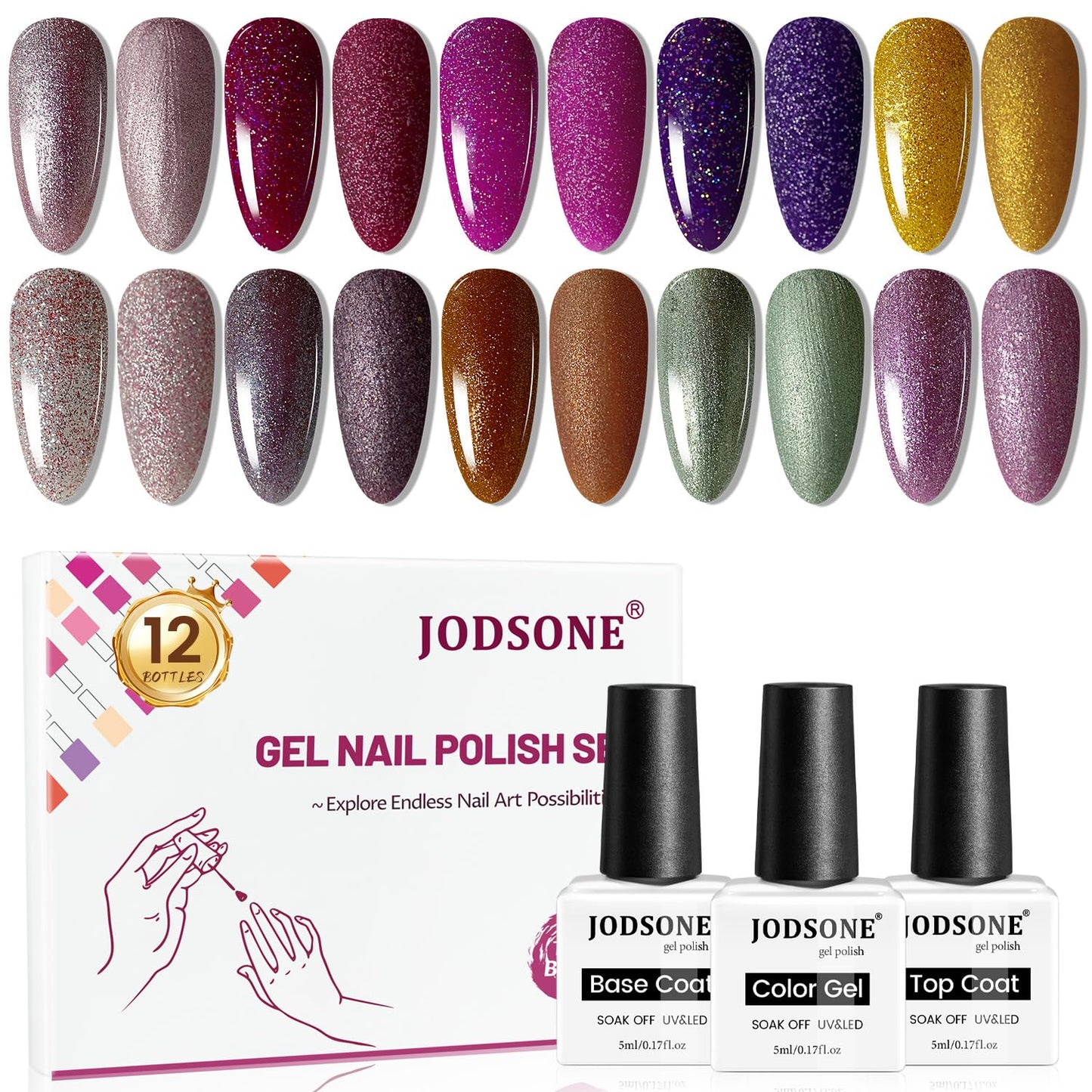 JODSONE 12 Bottles Gel Nail Polish Set with Base Coat and Top Coat Great Holiday Gift for Ladies and Girls