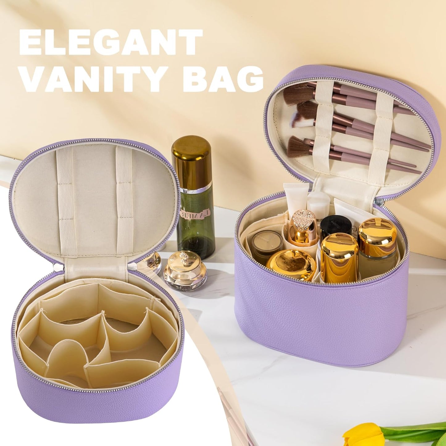 Makeup Bag Vanity Case Cosmetic Bag with Removable Divider Travel Toiletry Bag for Women Portable Make up Box Organizer, Purple