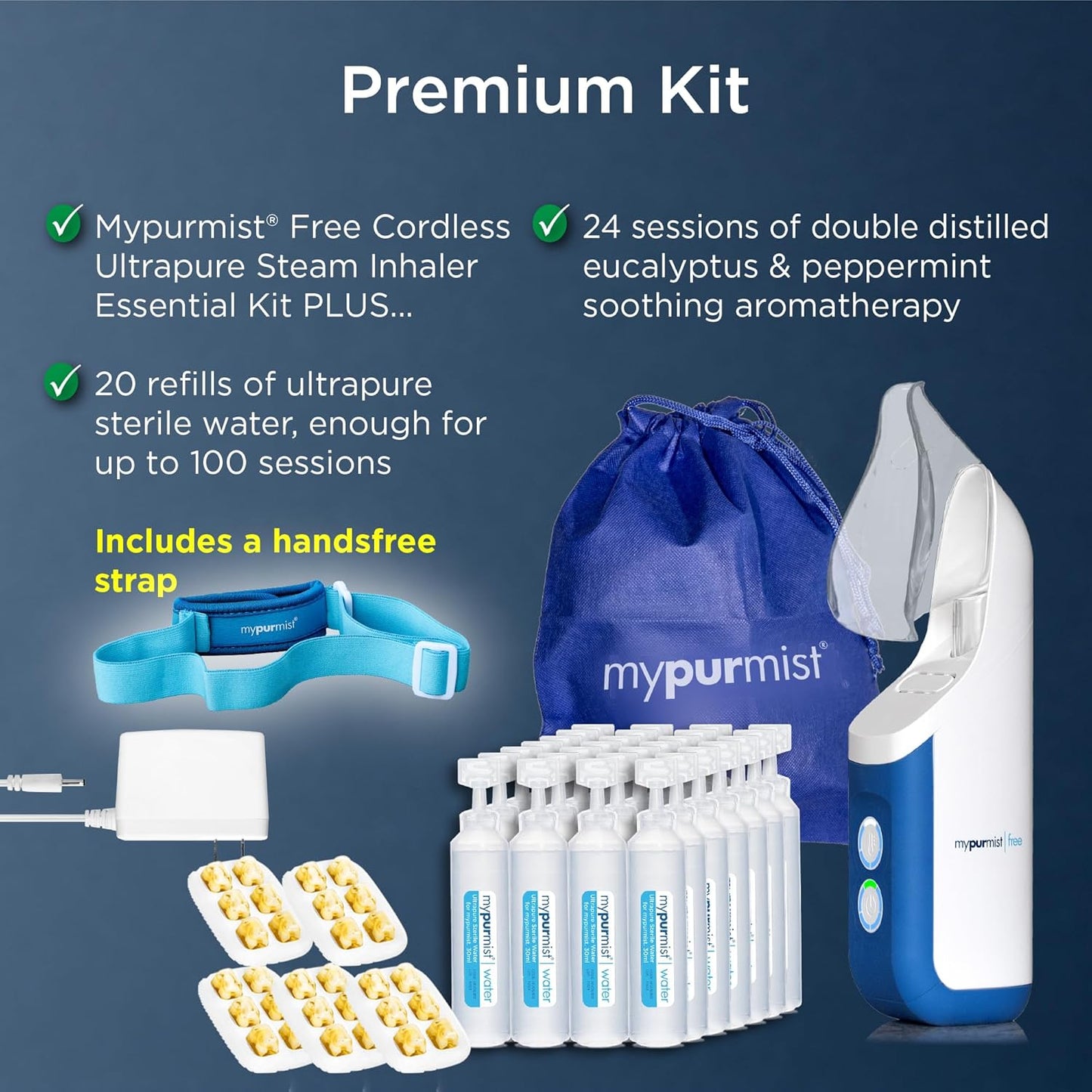 Mypurmist Free Premium Kit – Cordless Ultrapure Steam Inhaler with Water Refills, ScentPad, and Handsfree Strap – Personal Steamer Vaporizer Humidifier for Sinus Relief, Nasal Congestion, Cold
