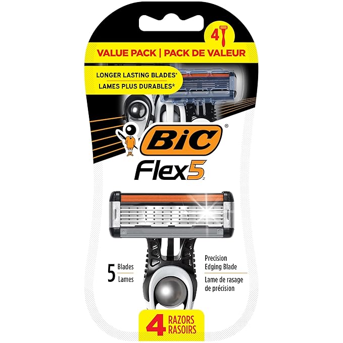 BIC Flex 5 Disposable Razors for Men, Sensitive Skin Razor For a Smooth, Comfortable and Close Shave, 4 Piece Razor Set