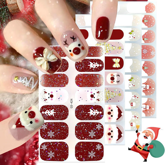 4 Sheets Christmas Gel Nail Stickers Snowflakes Gel Nail Polish Strips Xmas Elk Glitter Self-Adhesive Design Cute Winter Stickers Reindeer Full Wrap Gel Nail Strips Stickers for Acrylic Manicure DIY