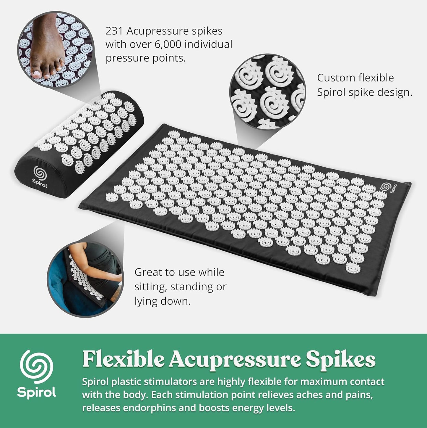 Spirol Acupressure Mat and Pillow Set for Back, Neck and Shoulder Pain Relief, with Flexible Acupressure Spikes, Includes Carry Bag (Onyx)