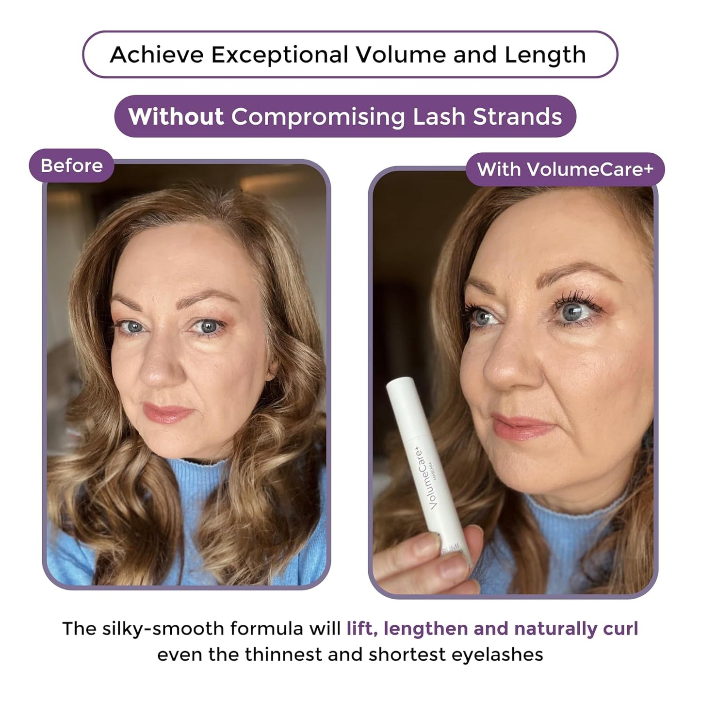 VolumeCare+ Mascara For Older Women - Extreme Length and Volume 2-in-1 Formula - No Clumps, Long-Wearing, Hypoallergenic Mascara For Sensitive Eyes (Dark Brown)