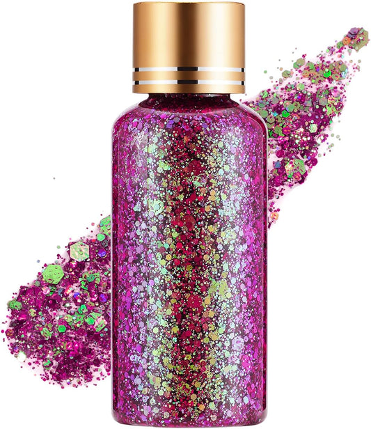 Dream Rose Color Body Glitter, Face Glitter Gel, Hair Glitter for Women Kid, Holographic Chunky Mermaid Sequin Shimmer Makeup for Halloween Party Carnival Festival Rave Accessories, 1oz