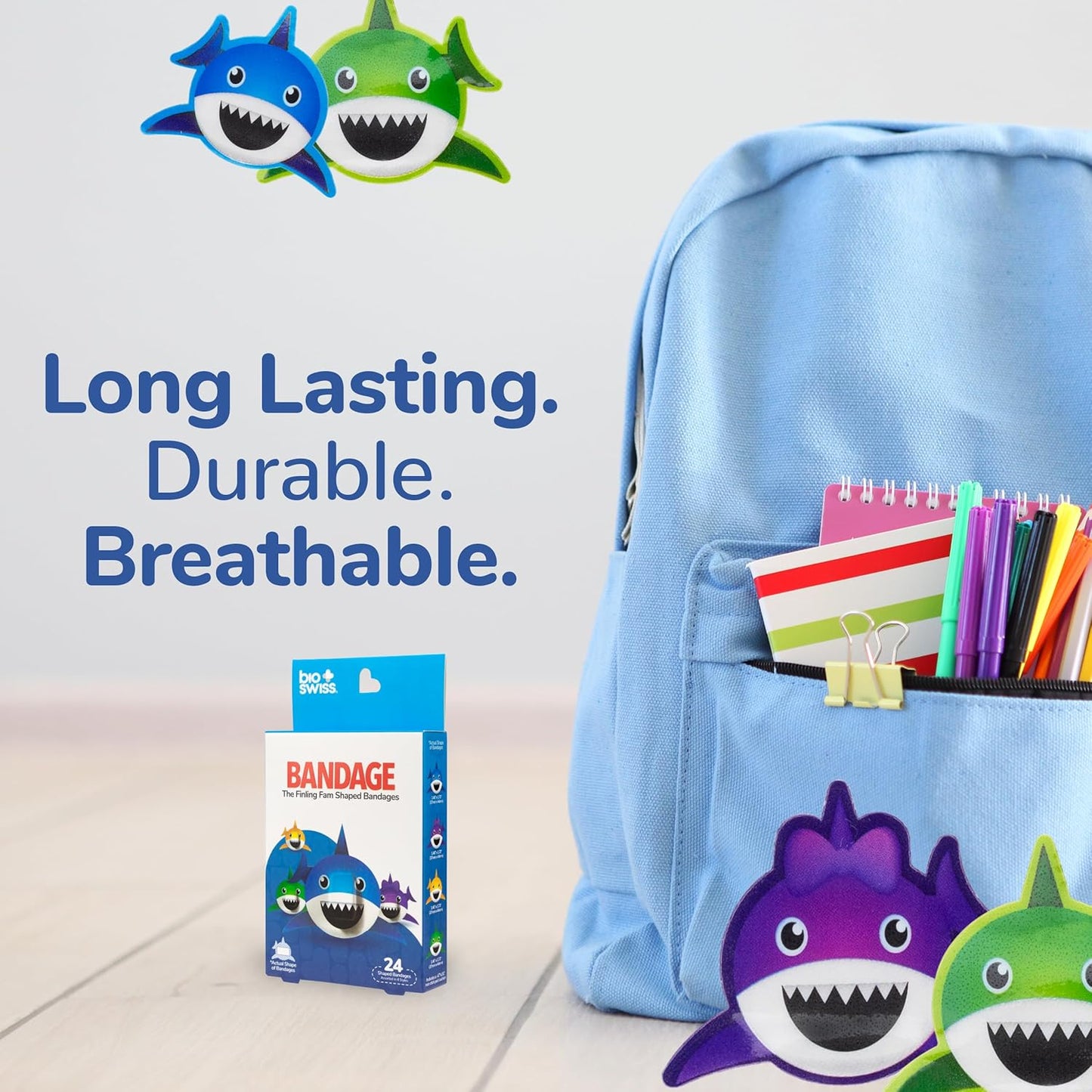 BioSwiss Kids Bandages, Finling Fam Shark Shaped Self Adhesive Bandage Set, Latex Free, Sterile Wound Care, 24 Count