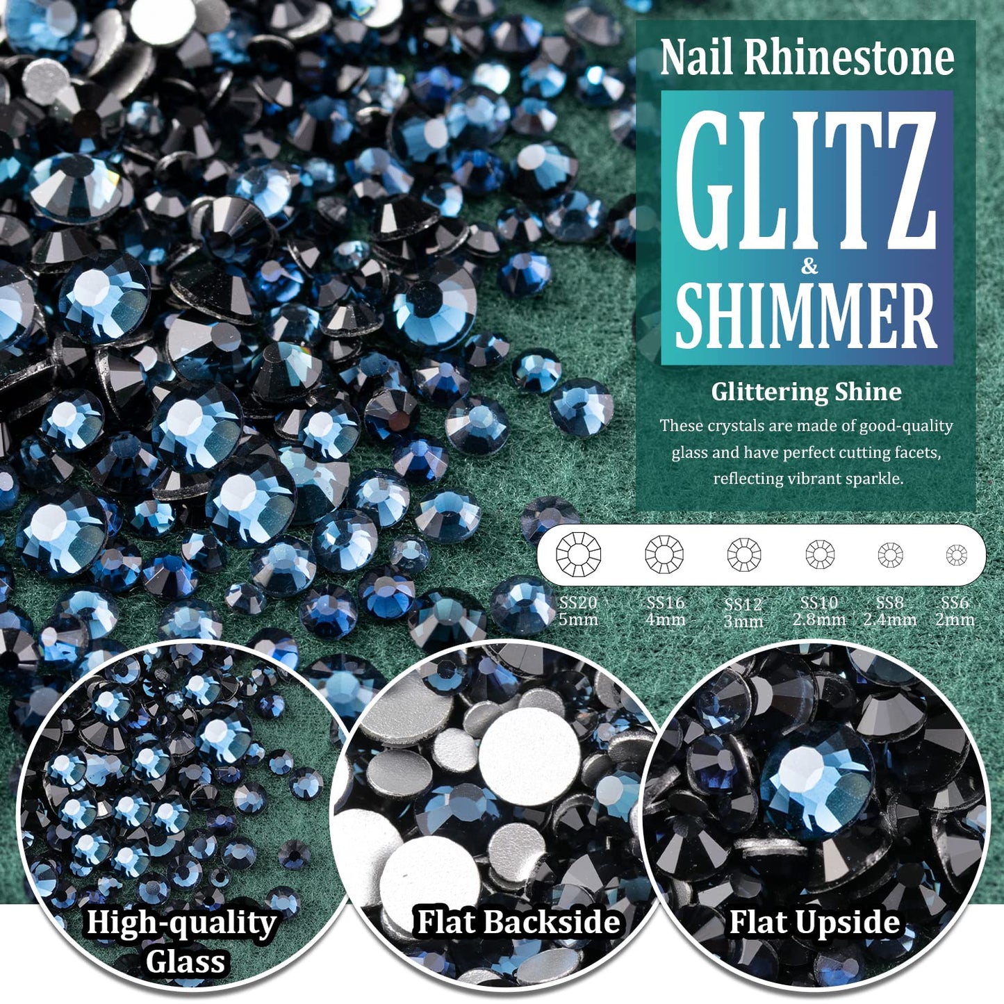 Multi Shapes Black Blue 3D Glass Crystal Nail Art Rhinestones Kit with Flatback Round Bead Charm Gem Stone Jewelry Diamond with Pickup Pen + Tweezer for Manicure Makeup DIY Craft Decoration