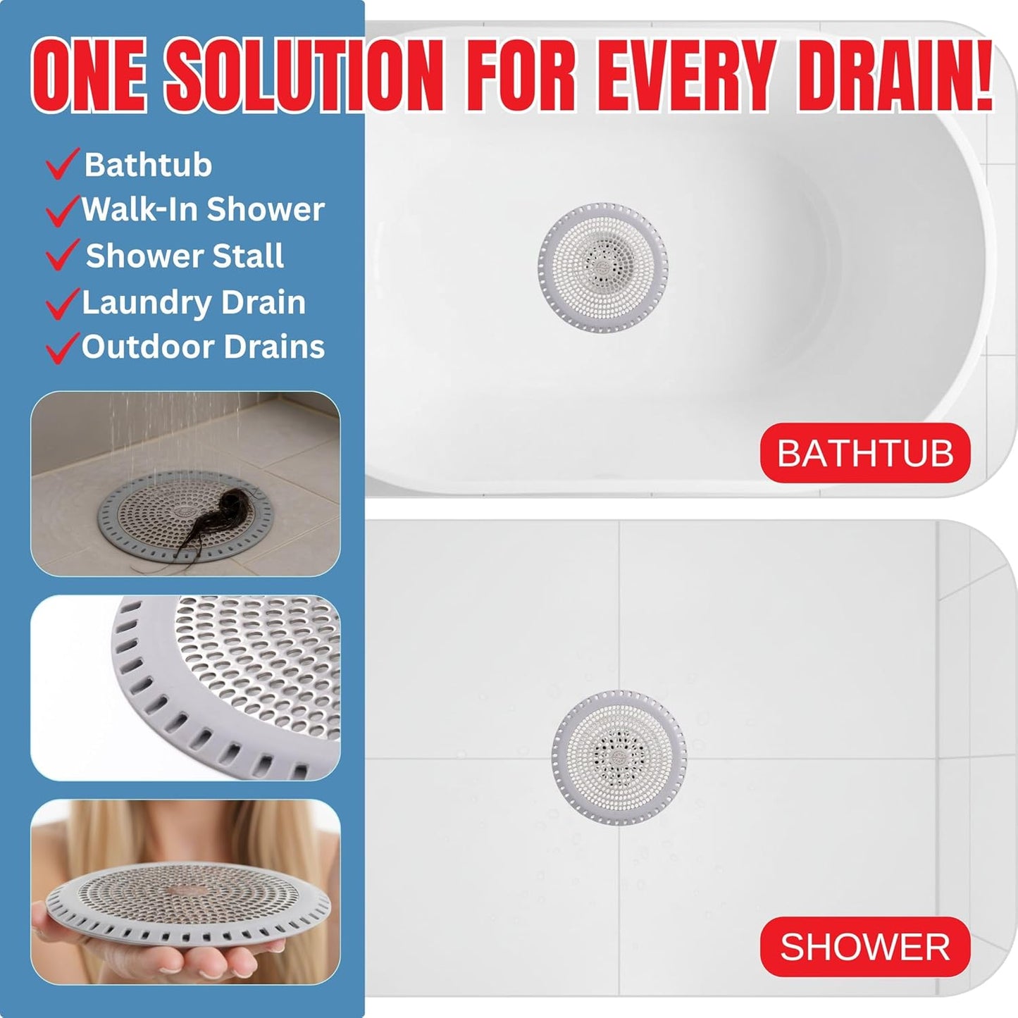 Shower Drain Hair Catcher – Ultra ShowerRing 5" Drain Cover for Flat & Domed Floors | Stainless Steel Hair Trap with Silicone Rim | High-Flow Strainer Prevents Clogs - Gray