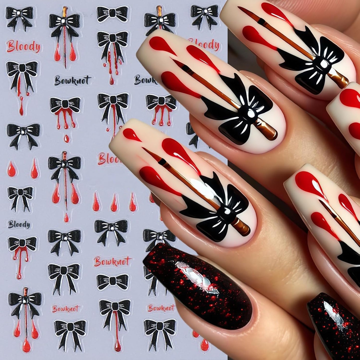 4 Sheets Embossed Halloween Nail Stickers for Nail Art 5D Self-Adhesive Black Bow Spider Web Nail Art Stickers Bow Blood Drop Bats Nail Decals Nails Design Sticker for Women DIY Festival Nail Decor