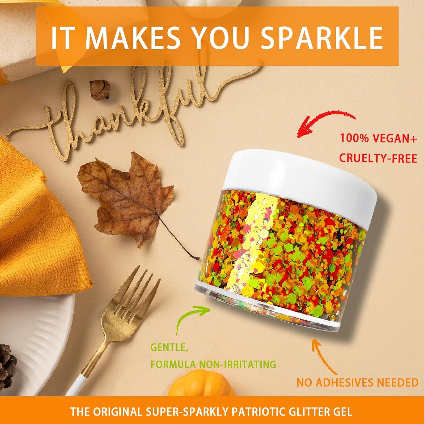 Thanksgiving Fall Glitter Gel for Body, Face, Hair and Lip, Color Changing Glitter Gel Under Light (Thanksgiving)