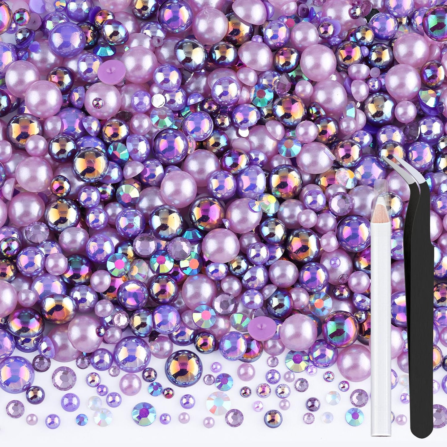 80g Flatback Pearls and Rhinestones for Crafting, Purple Mixed Size 3-10mm Resin Rhinestones and Half Pearls for Bedazzling, Nail Art and Decoration with Tweezer and Pickup Pencil