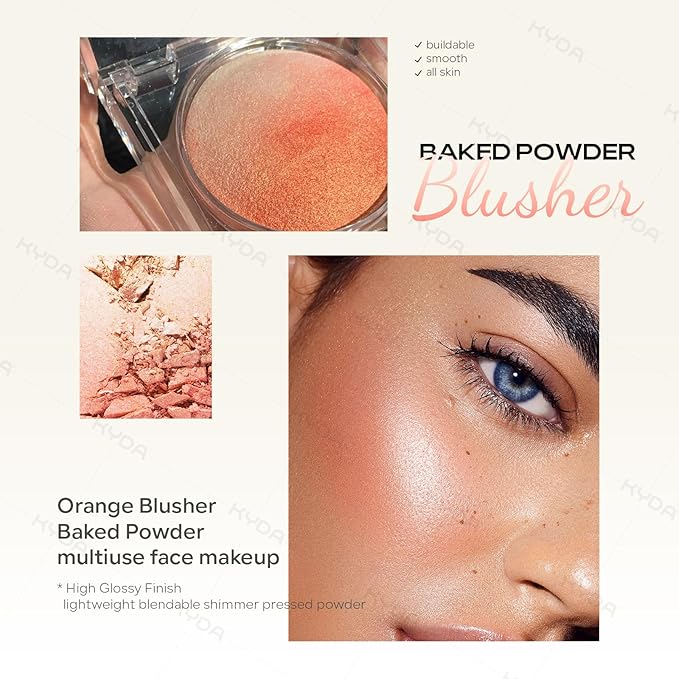 KYDA Baked Blush, Orange Glow Powder for Blush and Highlighter, High Glossy Finish, Lightweight Blendable Shimmer Blusher, Multiuse Baked Powder, 0.53 oz