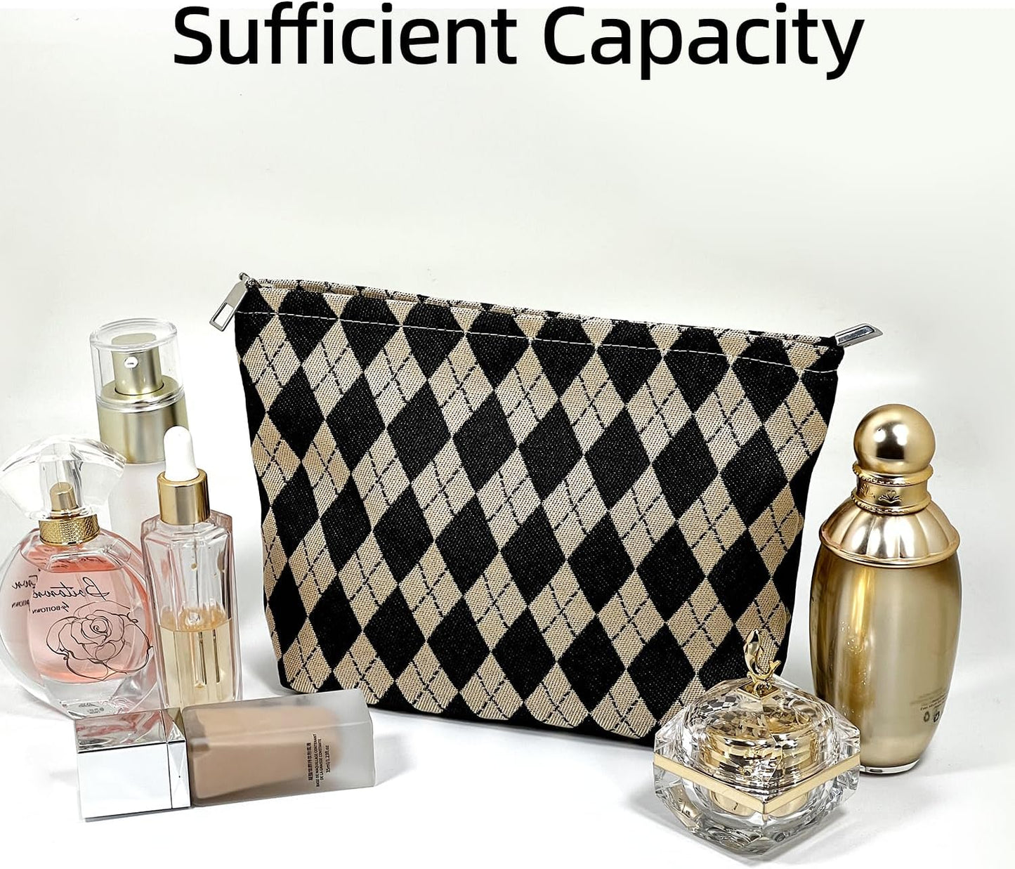 Rhombic Makeup Bag,Travel Makeup Bags for Purse, Small Makeup Pouch, Canvas Make Up Bag, Light Lining Zipper Close Comfortable Lightweight Makeup Bag, Small Cosmetic Bag, Toiletry Pouch