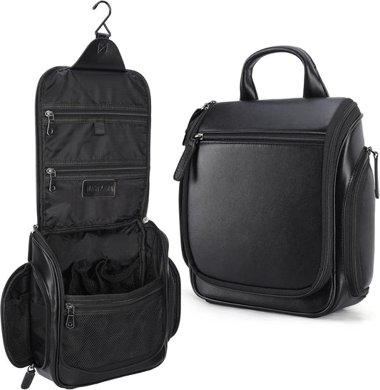 Masa Kawa Leather Hanging Travel Toiletry Bag for Men Portable Expandable Camping Cosmetics Makeup Toiletries Organizer Waterproof Bathroom Shaving Kit Black Wash Bags