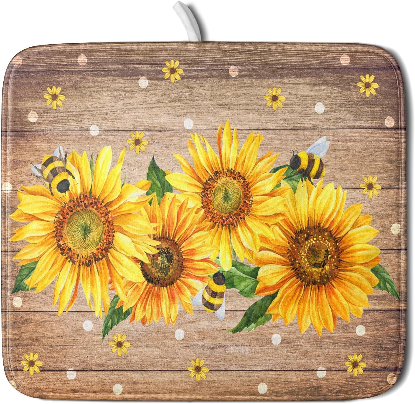 Sunflower Bee Dish Drying Mat for Kitchen Counter Home 16x18 Inch Wood Barn Microfiber Drainer Rack Mats Washable Absorbent Dish Dry Pad