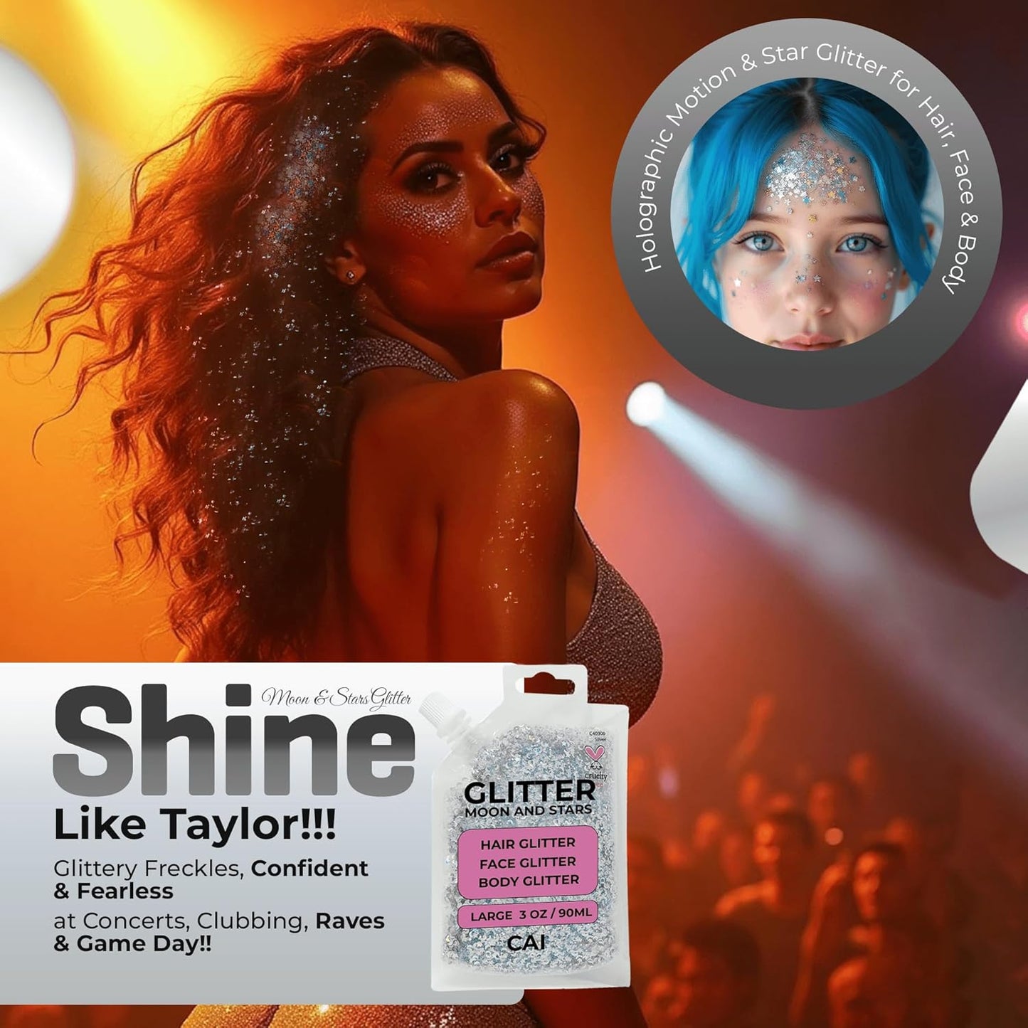 Face, Body & Hair Glitter Gel – Halloween Glitter for Kids and Women – 3 Oz Cosmetic-Grade Gel w/Moon & Stars for Festivals & Halloween Party, Easy Apply & Wash Off - Pink 1Pack