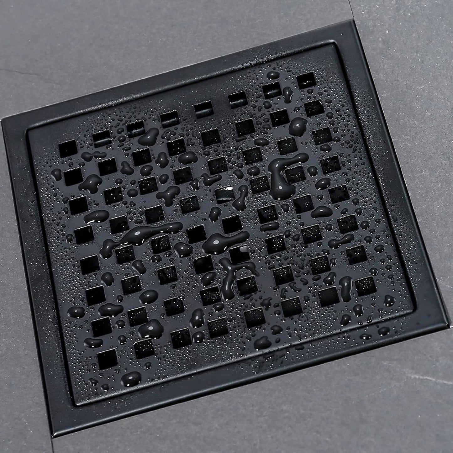 RANDOM Square Shower Drain 6 Inch Matte Black Stainless Steel Shower Floor Drain Kit with Adjustable PVC Base Flange, Removable Grid Grate, Hair Strainer