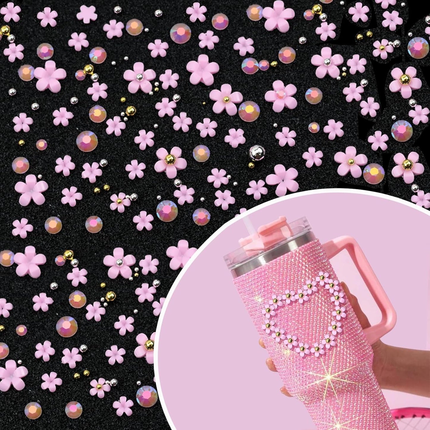 Flatback Nail Art Rhinestones Flower Nail Charms with AB Rhinestones Glue Gel Pink Nail Supplies Accessories Gems Resin Rhinestones for Bedazzling Crafting & Women Nails Design Decor