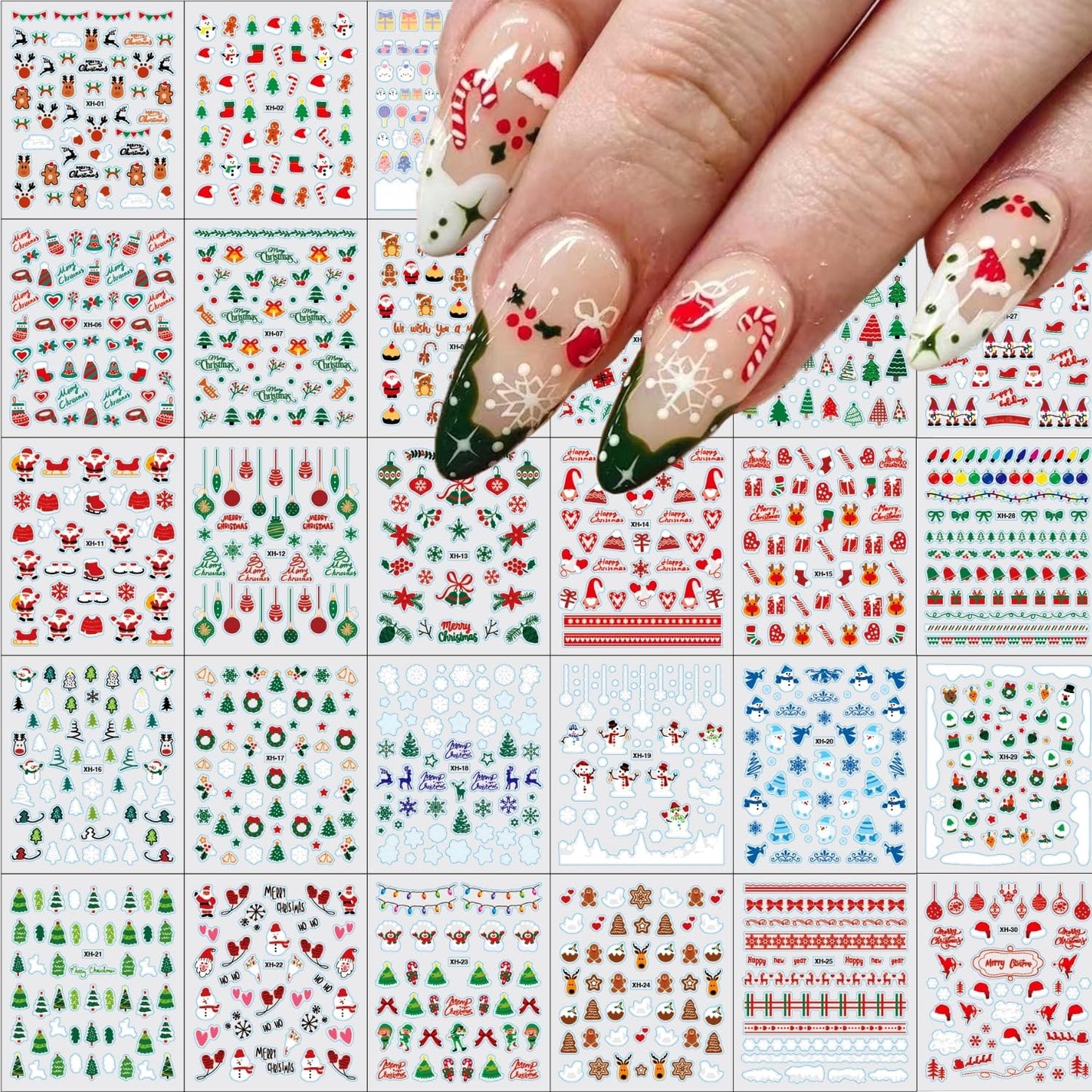 30 Sheets Christmas Nail Stickers 3D Self Adhesive Red Santa Claus Nail Decal for Nail Art Green Christmas Tree Nail Art Stickers Christmas Nail Art Supplies for Women Girls DIY Manicure Decorations