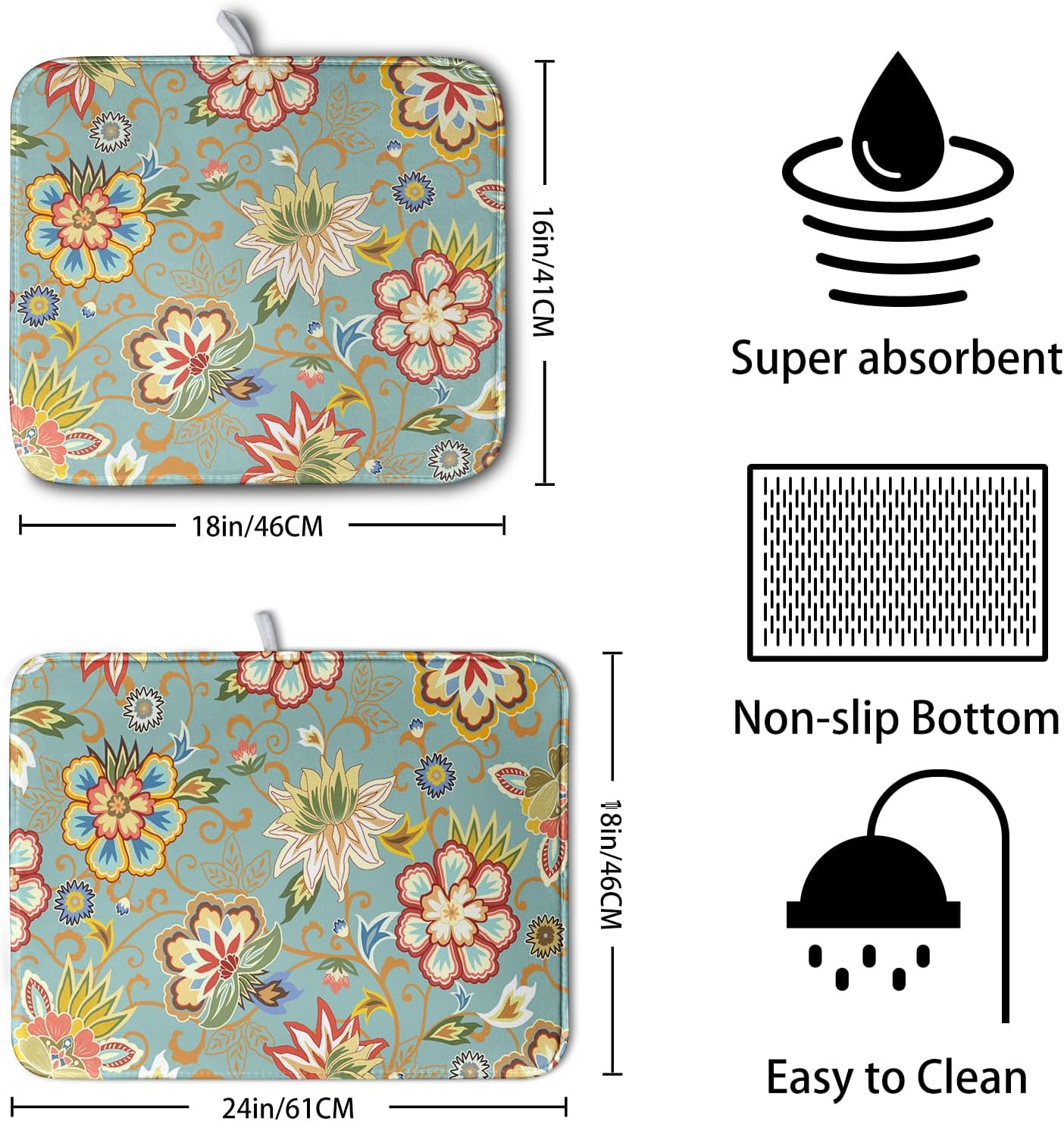 Boho Floral Kitchen Dish Drying Mat for Dishes 16x18 Inch Vintage Mandala Colorful Flowers Drying Mat Green Bohemian Dish Drainer Mat Super Absorbent Dish Rack Pad for Coffee Bar Sinks