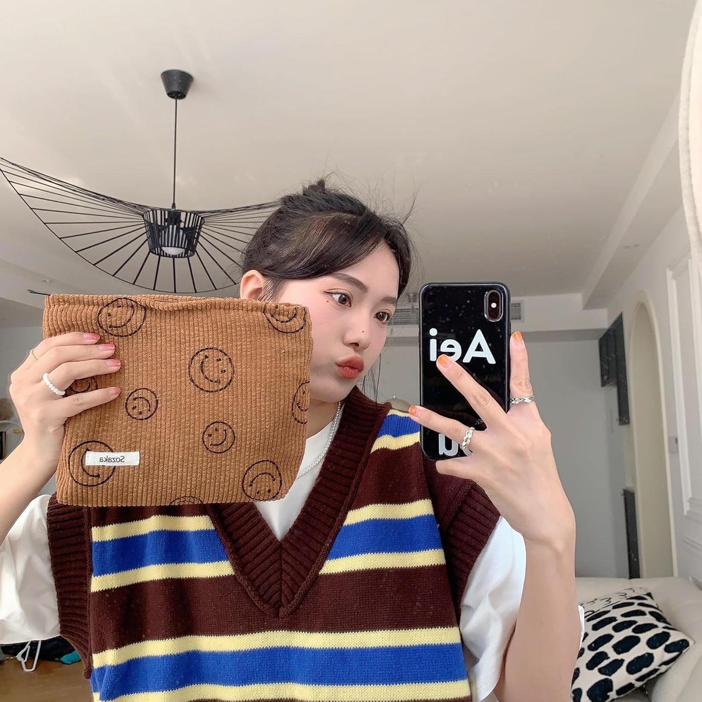 Cosmetic Bags for Women - Corduroy Cosmetic Bag Aesthetic Women Handbags Purses Smile Dots Makeup Organizer Storage Makeup Bag Girls Case Bags (A-Brown)