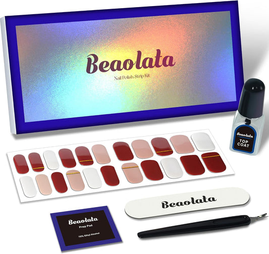 Nail Polish Strips, 44PCS Salon Quality Wraps with Top Coat, Long Lasting Gel Nail Stickers for Women Easy Apply& Remove (Hot Red Latte Red&Pink)