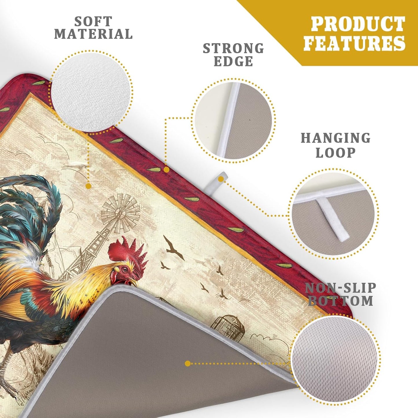 Farm Rooster Dish Drying Mat for Countertop 18x24 Inches Red Rustic Chicken Absorbent Microfiber Dry Dishes Pads Kitchen Counter Accessories