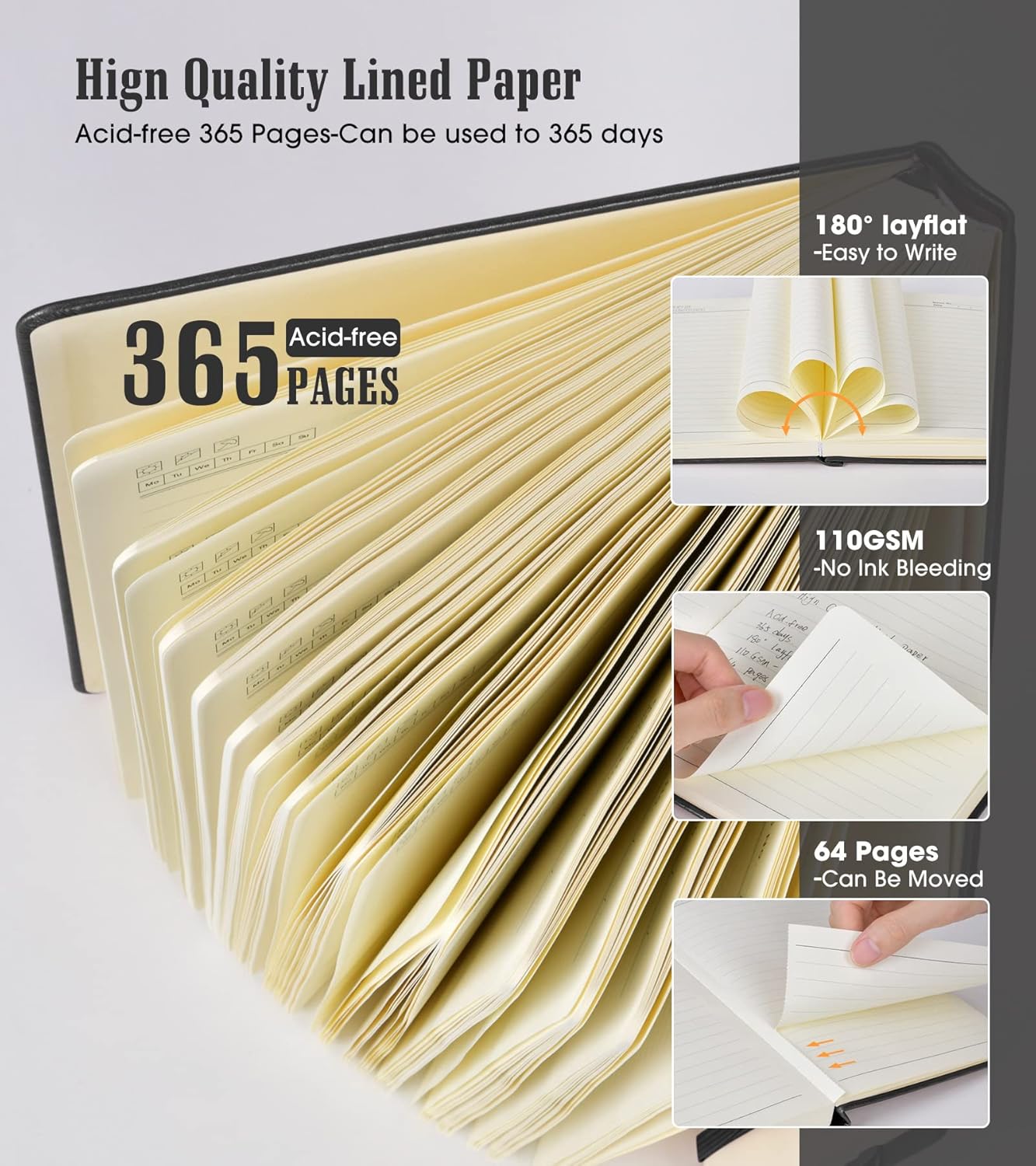 Lined Journal Notebook, 365 Pages A4 Large Journals for Writing Ruled Notebook, Hardcover Leather Journal for Women Men, Daily Notebook for Work, Note Taking, 100Gsm Thick Paper (8.5" x 11" Blcak)