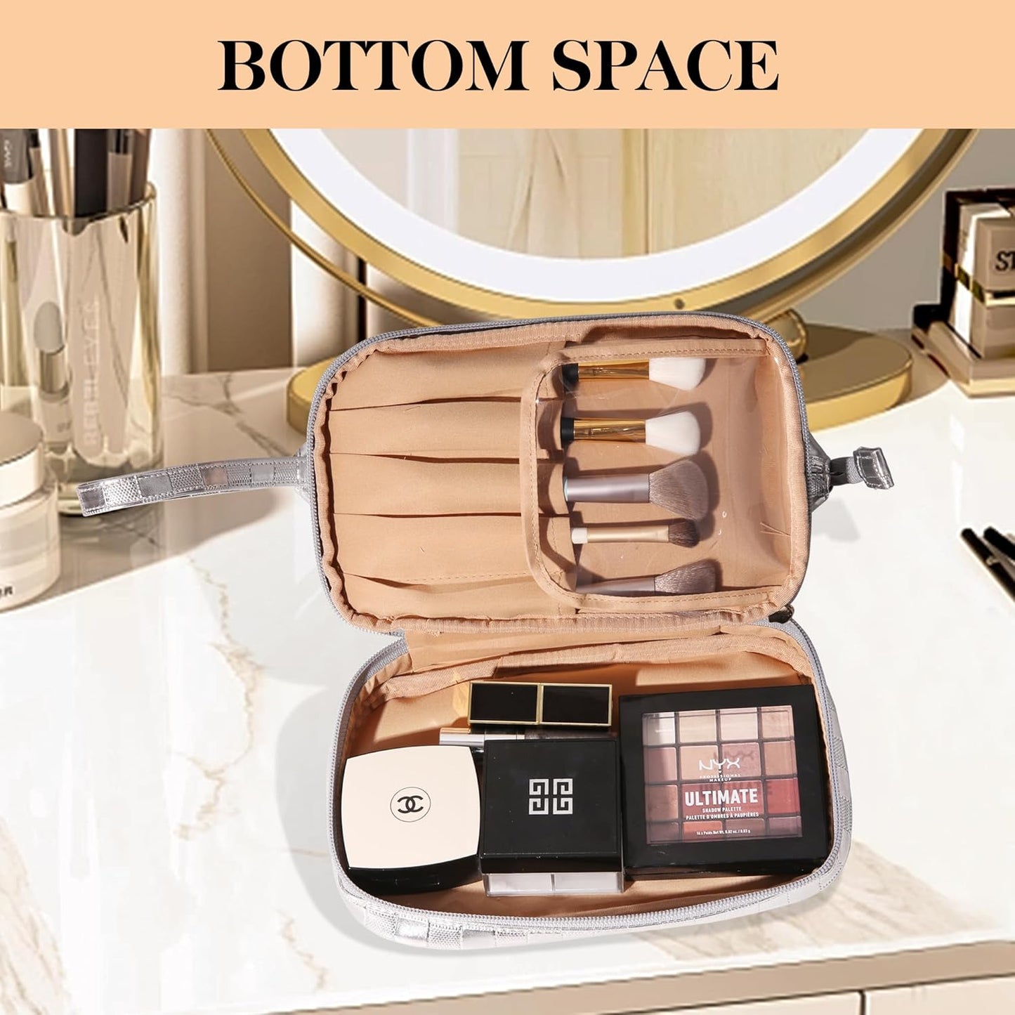 Abiudeng Large Capacity Makeup Bag Ladies Cosmetic Bag Travel Bag with Compartments Portable PU Leather Travel Makeup Bag with Handle