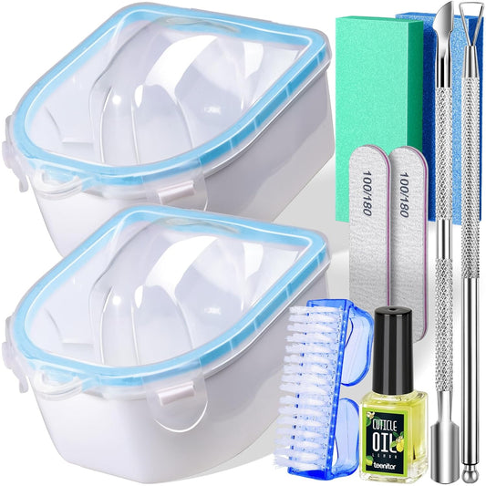 Teenitor 10Pcs Nail Soaking Bowl Kit 2 Soak Off Bowl Nail Soaking Bowl Acetone Proof Soak Off Gel Polish Remover Bowl, Cuticle Peeler Scraper Cuticle Oil Nail File Nail Buffer and Nail Brush, Lemon