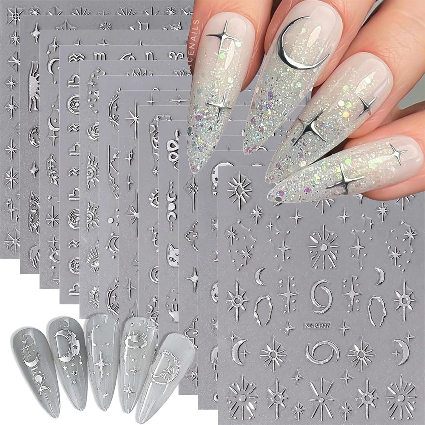 12 Sheets Silver Nail Art Stickers Decals Star Moon Nails Stickers for Nail Art Self-Adhesive Snake Nails Decal