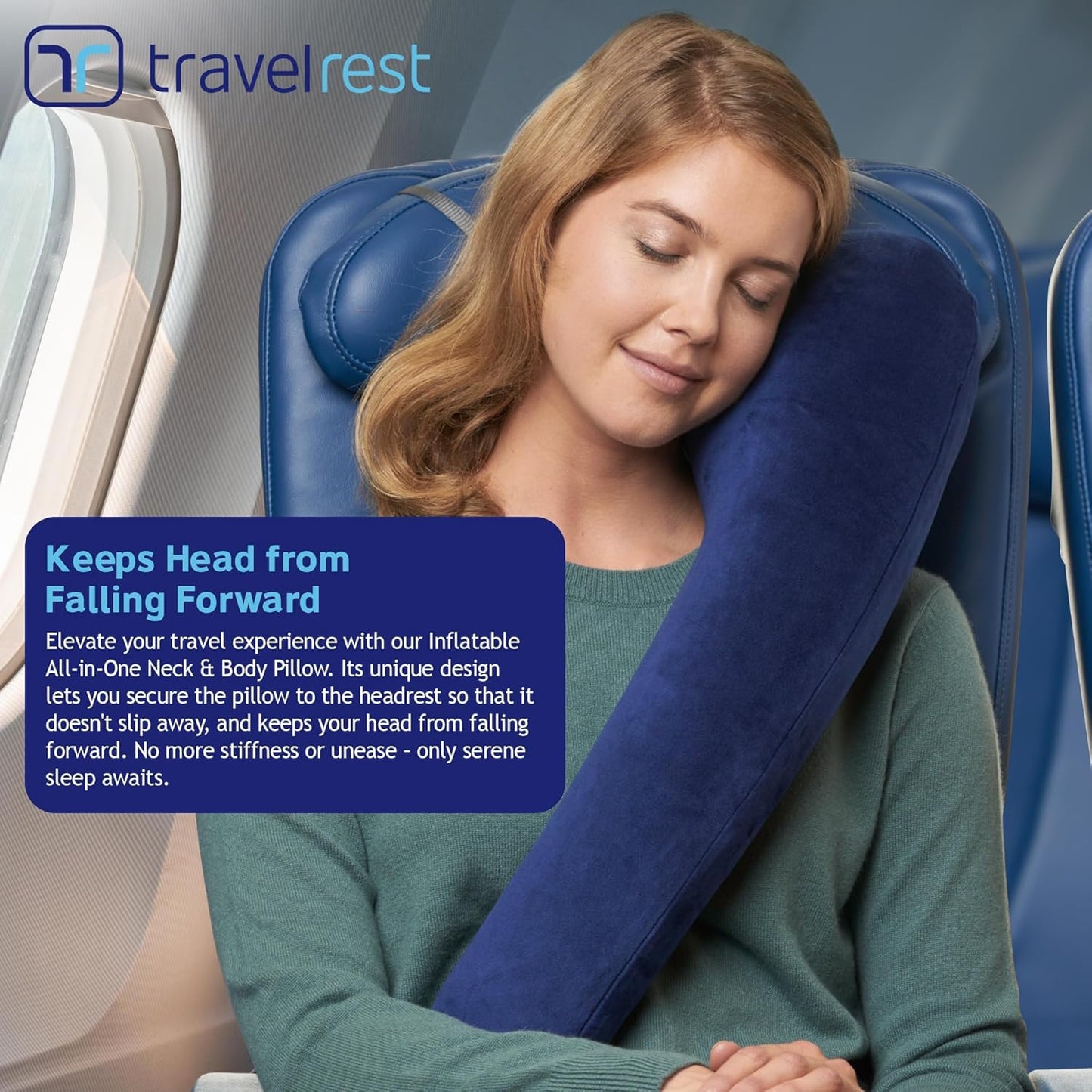 TRAVELREST All-in-One Neck & Body Pillow - Advanced Support and Comfort Design, Travel Essentials, Memory Foam, Inflatable, Airplane & Car Seat, Sleeping on Long Flight & Trips, Travel Pillow - Blue