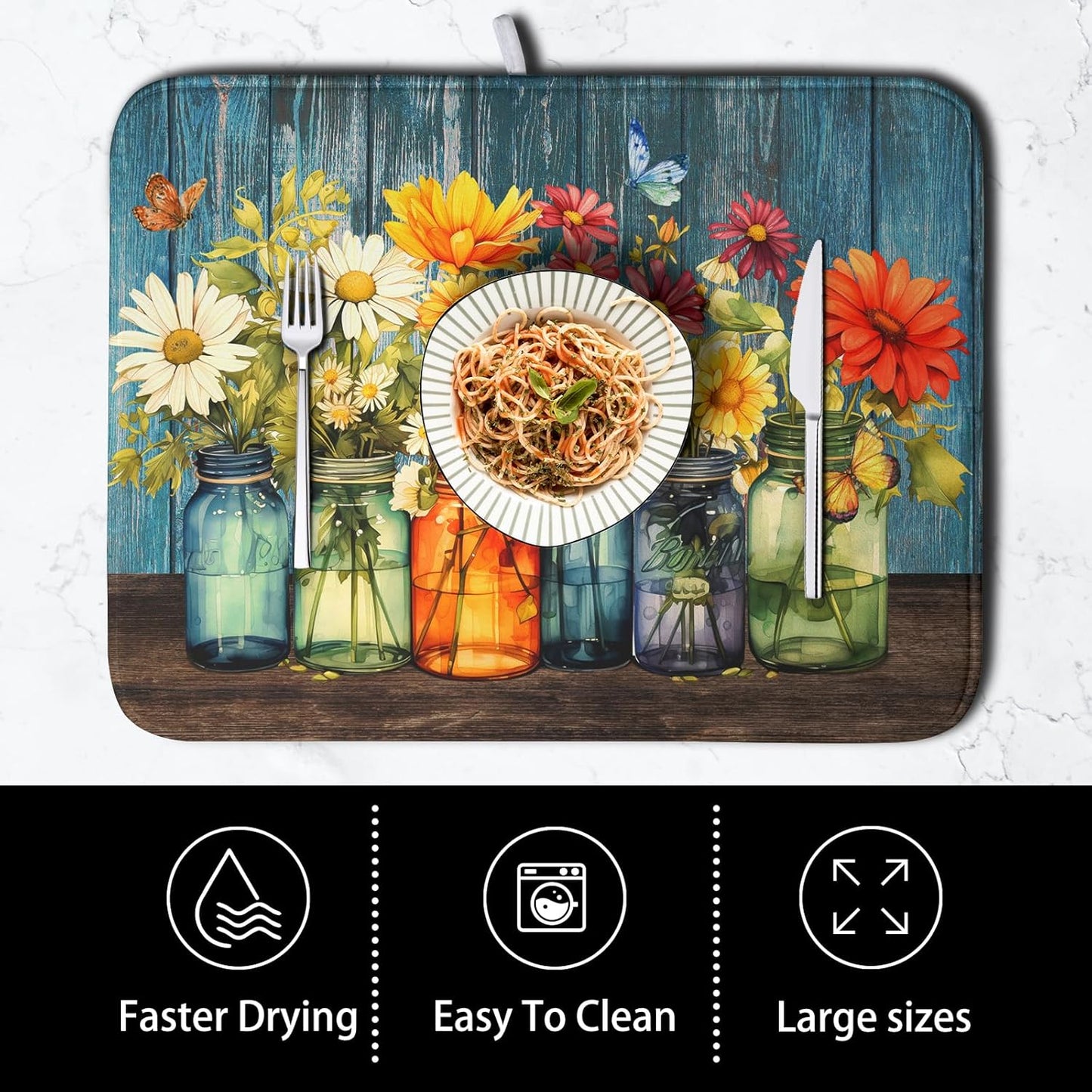 Daisy Dish Drying Mat for Kitchen Counter 18x24 Inch Rustic Vintage Flower Vases Drying Mats Microfiber Absorbent Dishes Drainer Mats Farmhouse Floral Wooden Board Dish Rack Pad