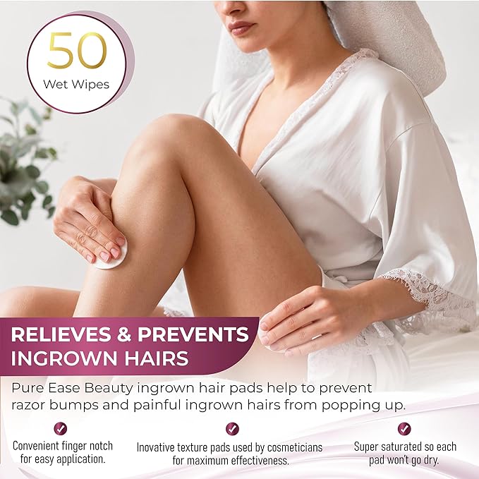 Ingrown Hair Treatment & Exfoliating Pads – 50 Pre-Soaked Wipes for Razor Bumps Treatment for Women – Skin-Smoothing Formula for Face, Neck, Underarms & Bikini Area