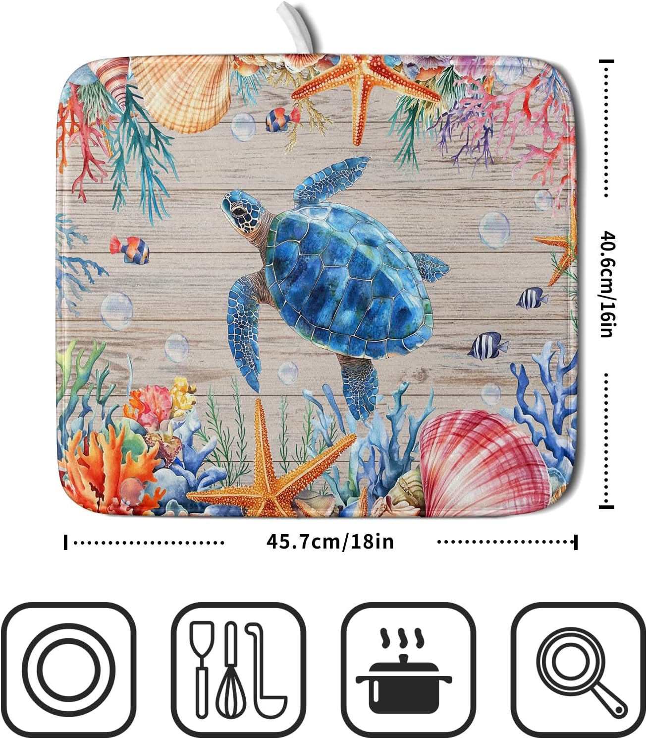 Sea Turtle Dish Drying Mat 16x18 inch Tropical Ocean Fast Dry Absorbent Microfiber Dishes Drainer Rack Pad for Countertop Bar Table Decor