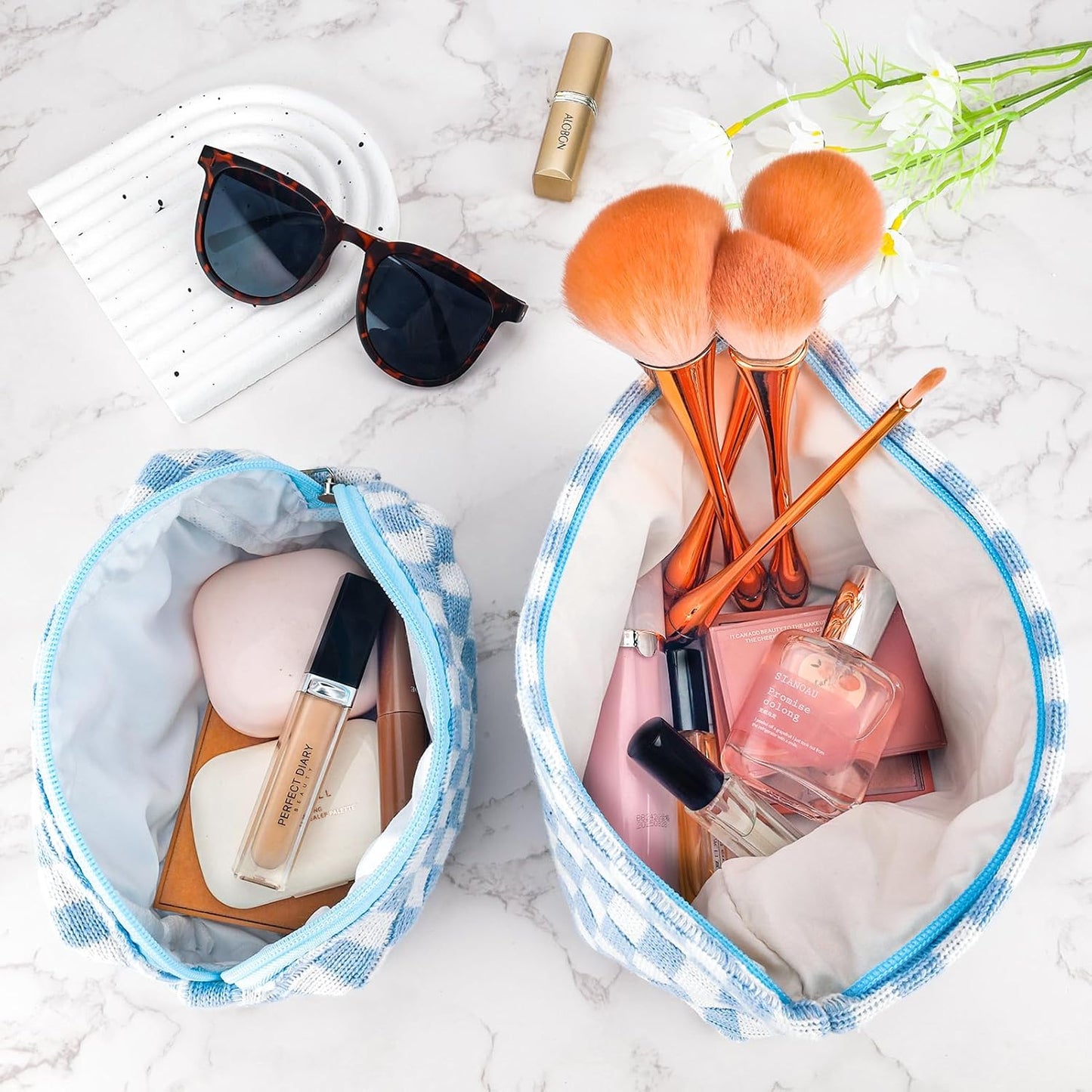 ZLFSRQ 2Pcs Checkered Makeup Bag for Women Large Small Checkered Cosmetic Bag Set Aesthetic Preppy Pencil Case Cute Pencil Pouch Blue Makeup Pouch for Purse Travel Toiletry Bags Zipper Skincare Bags