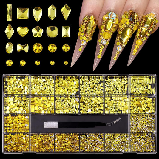 3100Pcs Professional Nail Art Rhinestones Kit for Nail,Mix 20 Styles Flatback Rhinestone,600 Diamonds + 2500 Round Beads, 3D Flat Back Gemstones for Nail DIY Crafts with Tweezers Pen(Lemon Yellow)