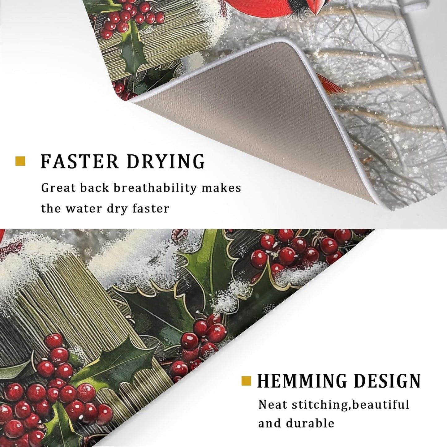 Winter Birds Dish Drying Mat Red Berry Dish Drainer Rack Mat Microfiber Absorbent Dish Drying Pad for Kitchen Counter Coffee Bar 18x24 Inch