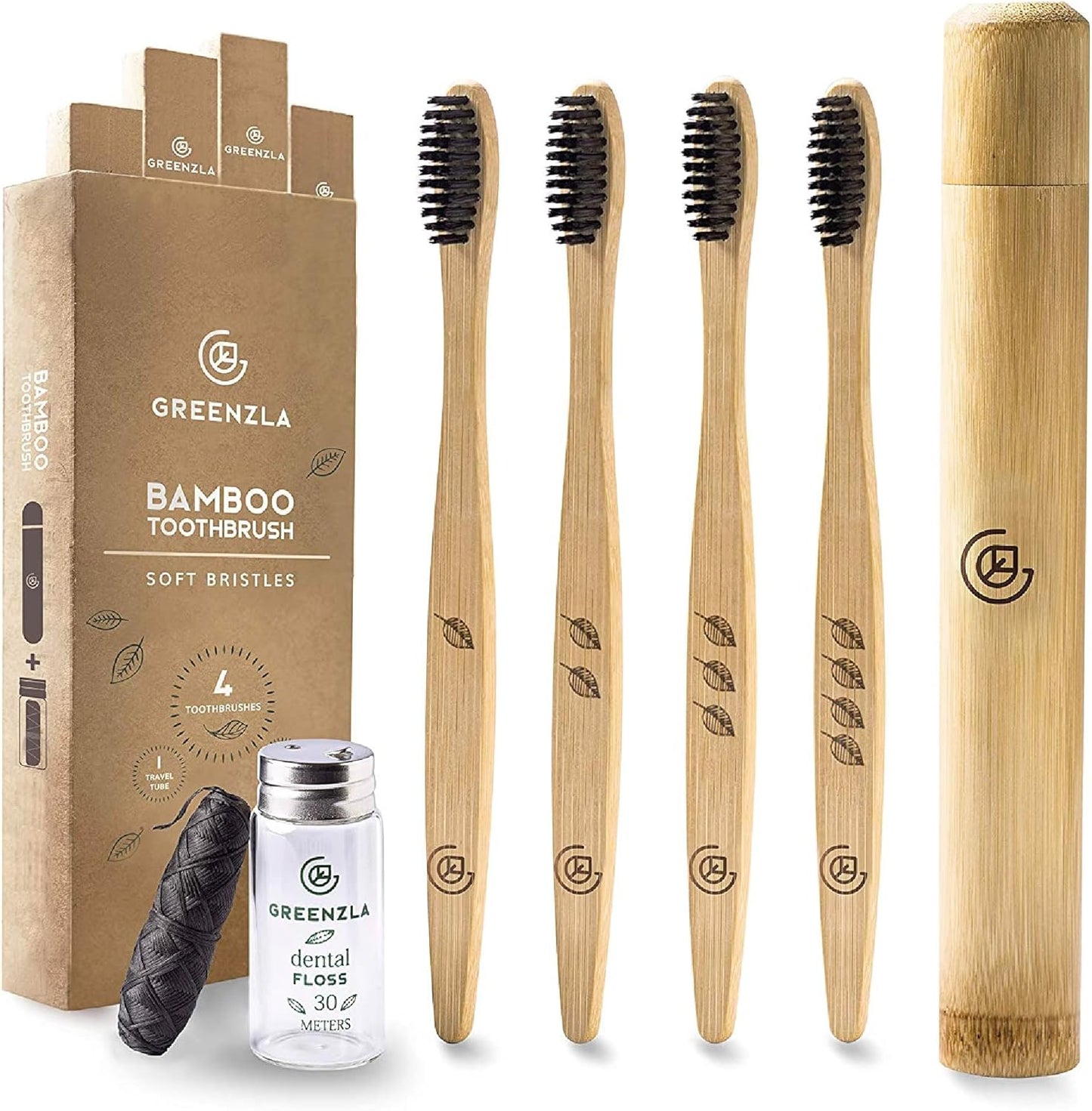 Greenzla Bamboo Toothbrushes, Wooden Toothbrush Set with Soft Bristles, Includes Travel Case and Charcoal Dental Floss, 4 Pack