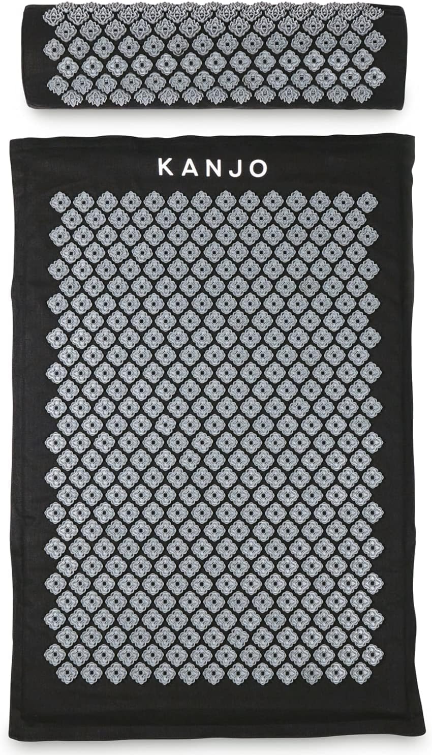 Kanjo Acupressure Mat and Pillow Set for Back Pain Relief & Neck Pain Relief, with Pressure Points for Muscle Pain Relief with Travel Bag - Black XL