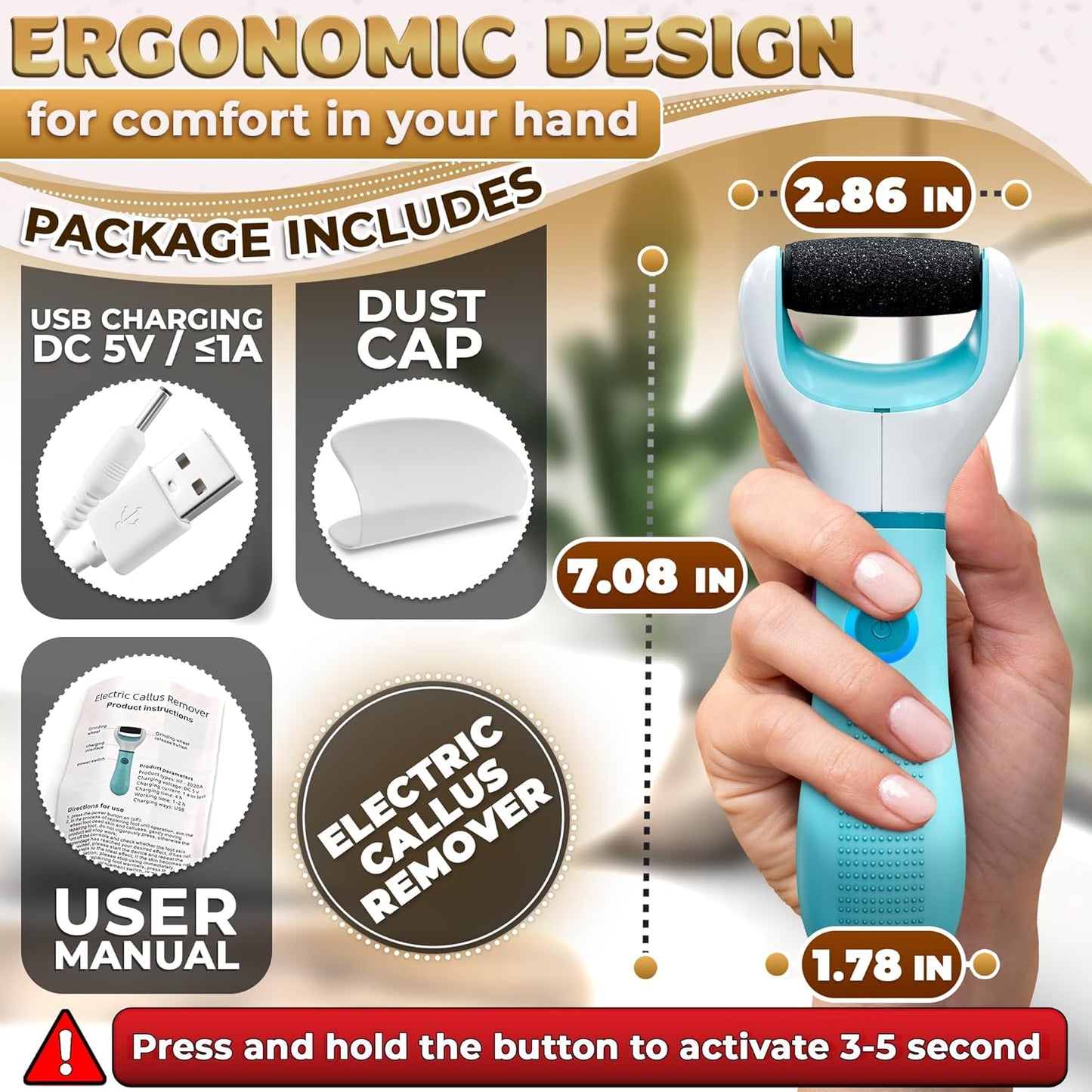 USB Rechargeable Electric Foot Callus Remover Tool – 3-Speed Foot Sanders for Feet (1800/2200/2800 RPM) with Replaceable Roller | 1200mAh, 70 Min Runtime – Pedicure Tools for Feet Smoothing