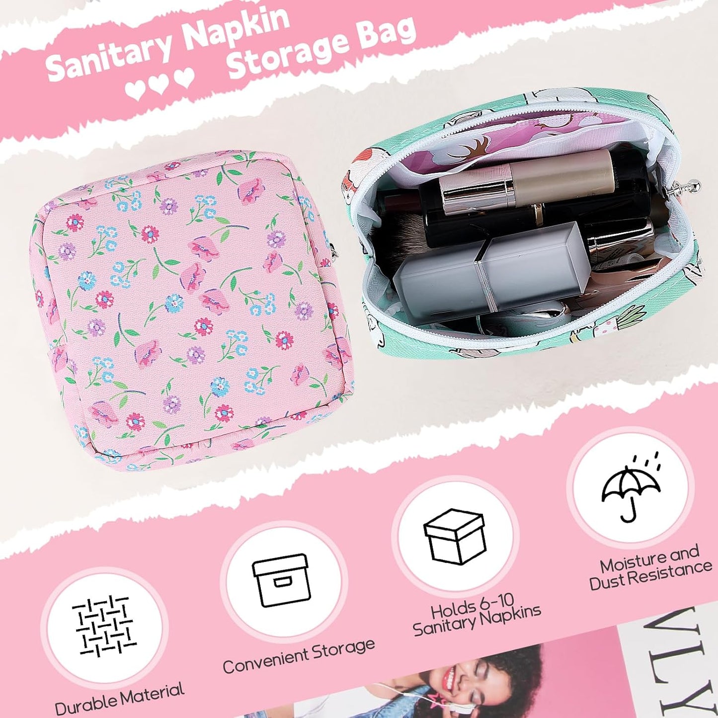 Desing Wish Period Bag Pouch Soft Cloth Sanitary Napkin Storage Bag Portable Menstrual Pad Pouches Tampon Holder for Purse First Period Kit for Girls 9-12 (Canned Cats)