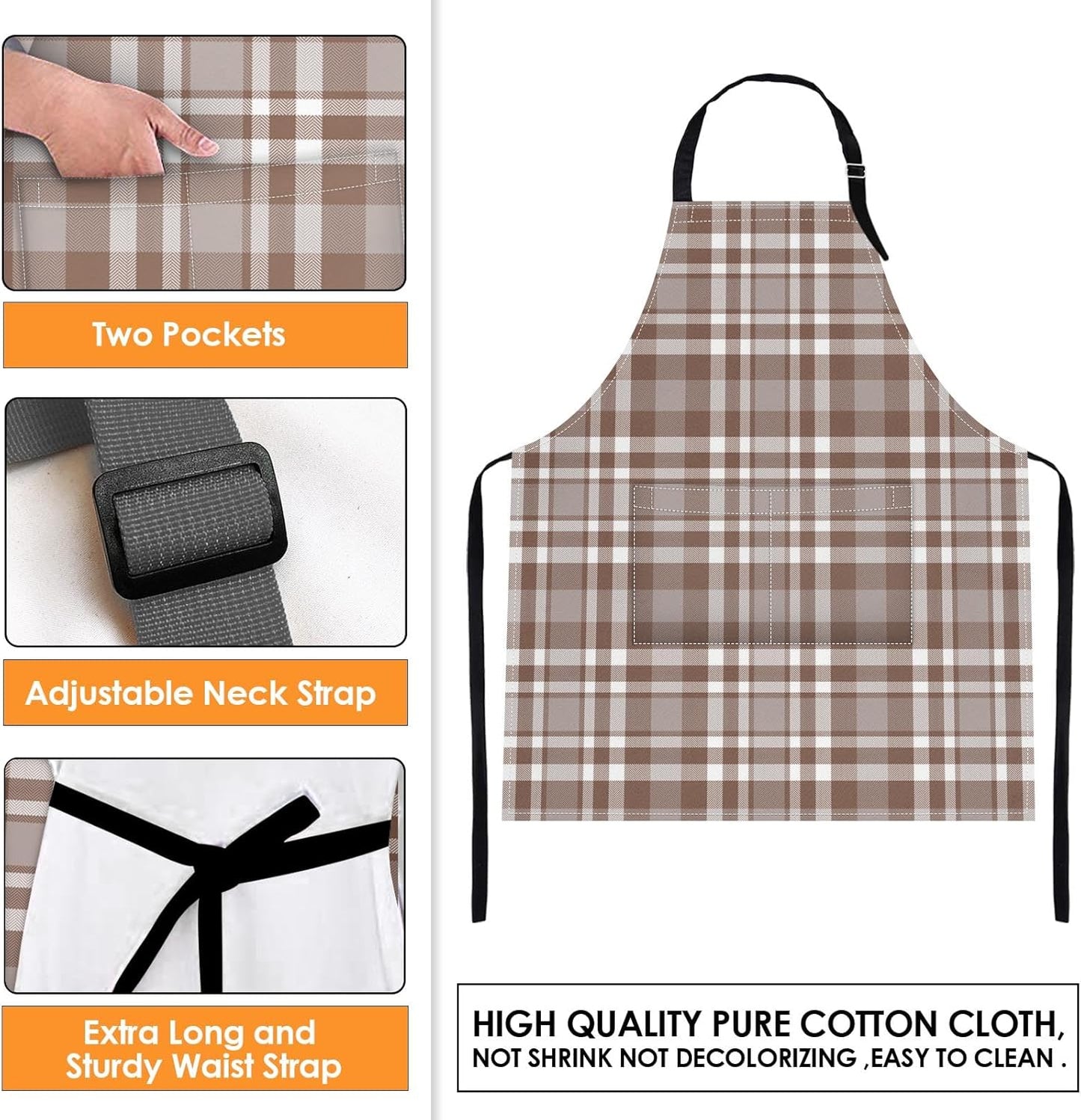 Britimes 2 Pack Aprons, Plaid Check Tartan Adjustable Bib Aprons with 2 Pockets for Women Men Couple Lovers Chef Home Kitchen Cooking Baking Gardening Champagne Khaki Brown Apron 32x28 Inches