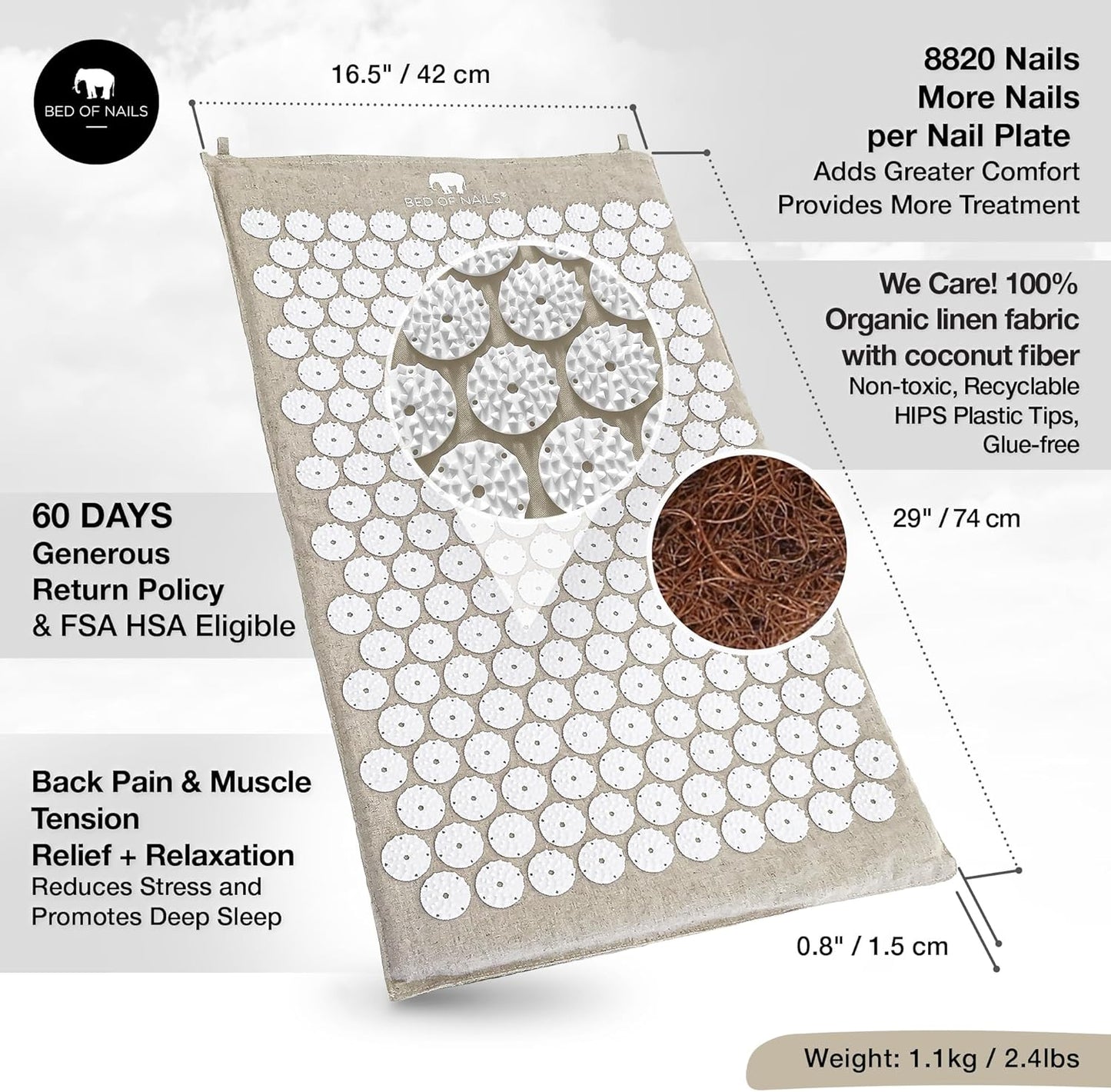 BED OF NAILS Original Comfortable Eco Premium Acupressure Mat, 8,820 Acupuncture Pressure Points, Back Pain Relief, Increased Energy, Relaxation, Muscle Recovery with Tote Bag, 29x16