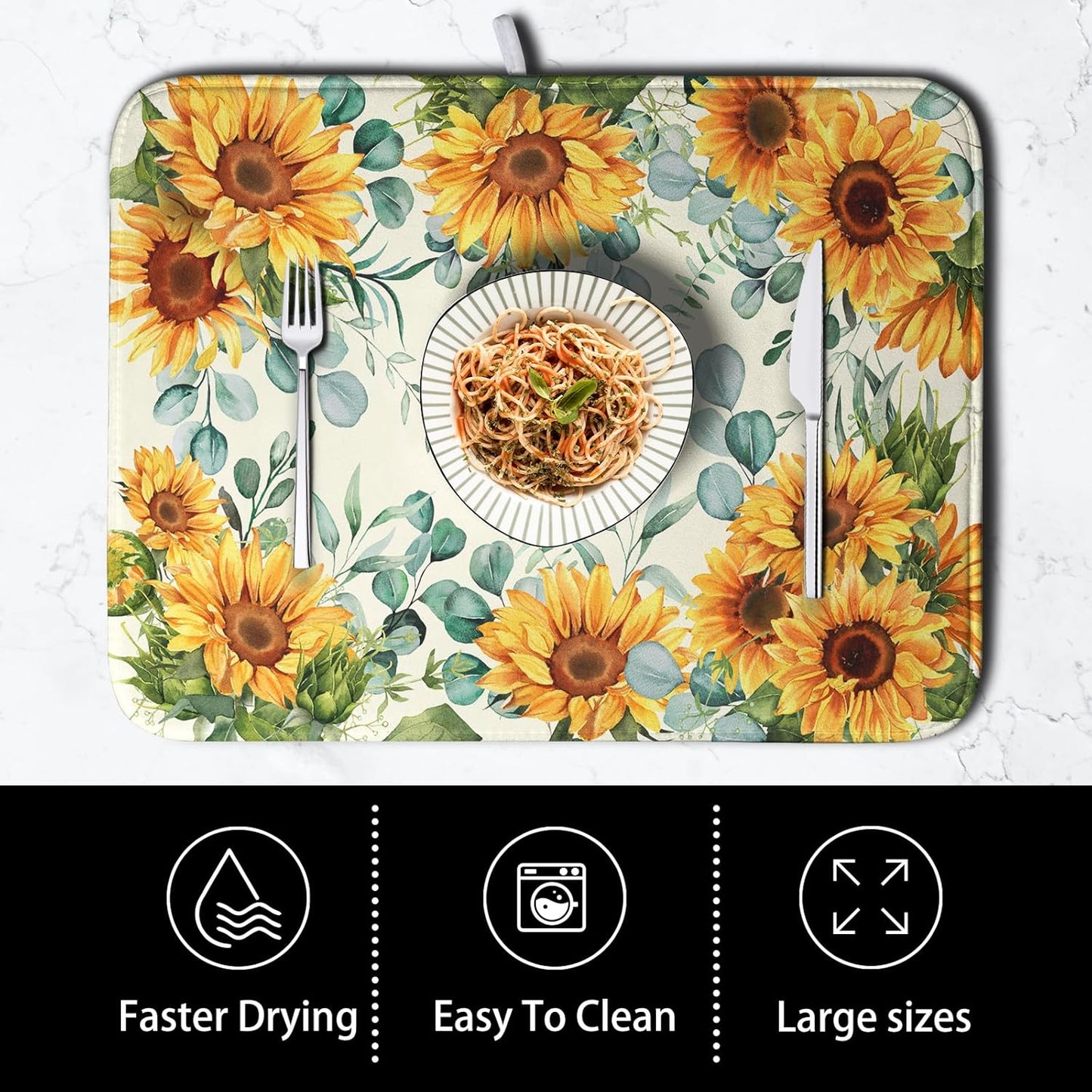 Sunflowers Dish Drying Mat for Kitchen Counter Yellow Flower Green Leaves Dish Draining Mats Spring Summer Floral Dishes Pad Microfiber Absorbent Dish Drainer Rack Mat 16x18 Inch