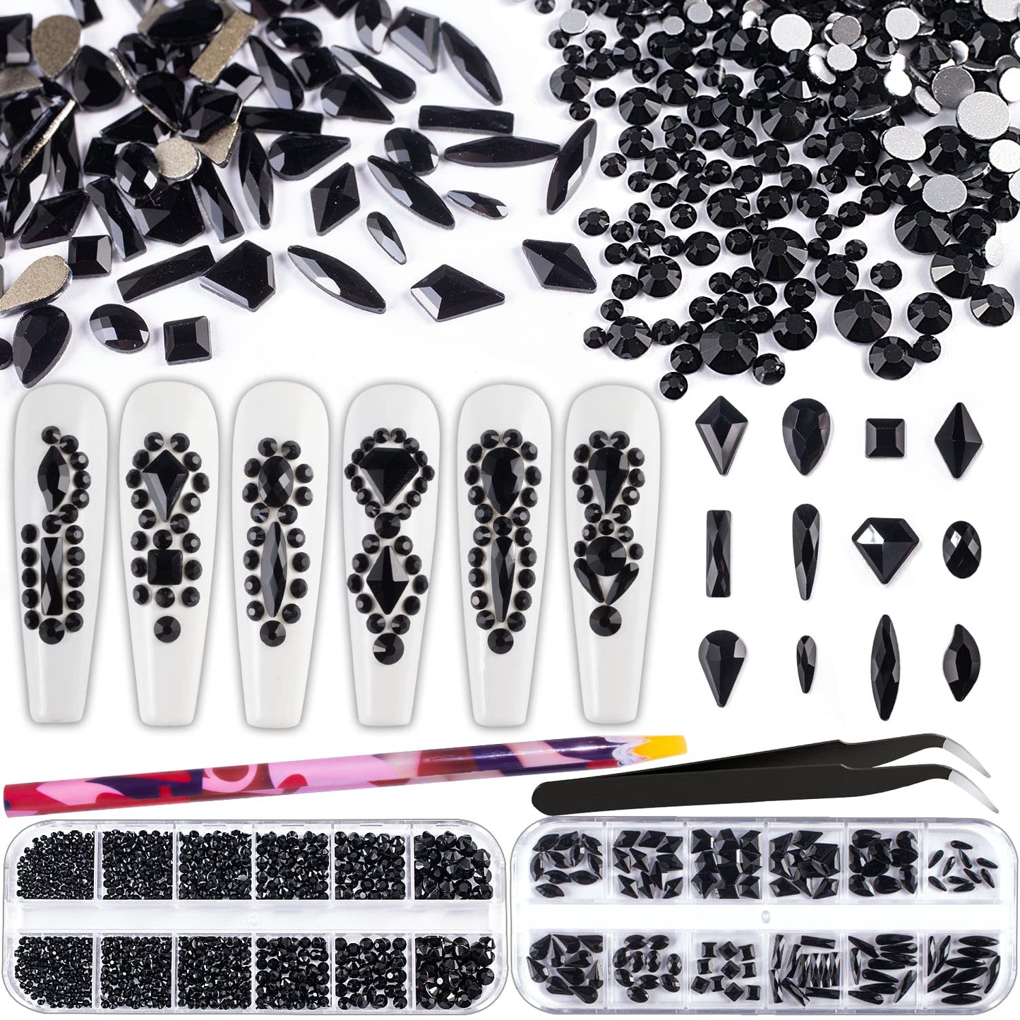 Multi Shapes Black 3D Glass Crystal Nail Art Rhinestones Kit with Flatback Round Bead Charm Gem Stone Jewelry Diamond with Pickup Pen + Tweezer for Manicure Makeup DIY Craft Decoration