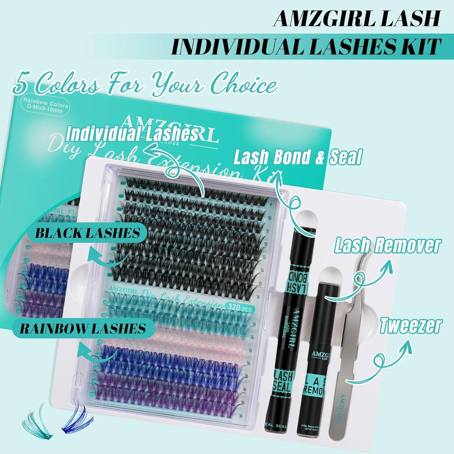 Lash Extension Kit 320Pcs,DIY Individual Lashes Clusters Kit,Lash Bond And Seal,Lash Remover For Colorful Eyelashes Extensions,Lash Applicator Tools For False Eyelash Cluster Kit(40D,D-Mix9-16mm Kit)