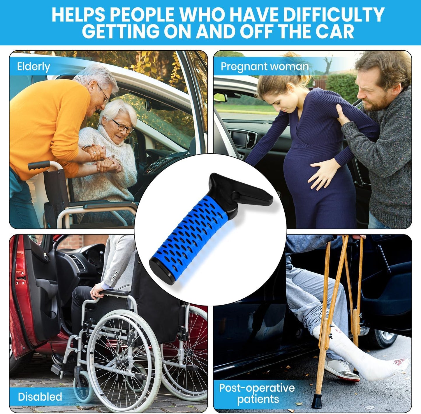 Car Door Handle for Elderly, Car Handle Assist Support Handle, Portable Elderly Assistance Mobility Aids for Getting Out of Car, Auto Grab Cane for Seniors and Handicapped, Blue