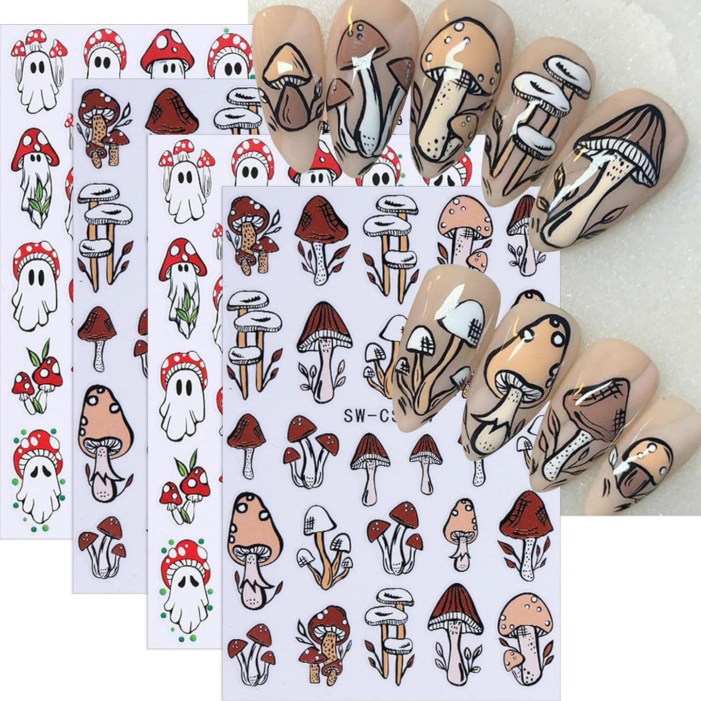 Halloween Mushroom Nail Stickers, 3D Self-Adhesive Cute Halloween Nail Decals Ghost Mushroom Nail Design Stickers Holiday Nail Decorations Nail Art for Women DIY Manicure Accessories 4PCS