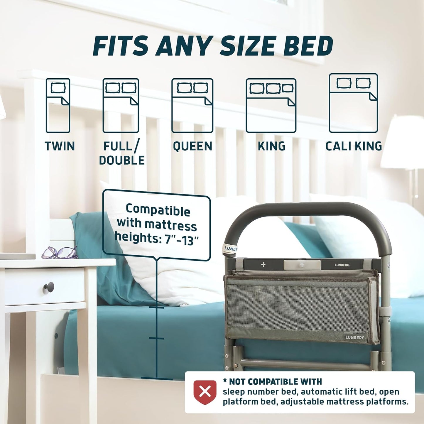 Lunderg Large Bed Assist Rail for Seniors with Motion-Activated Light & Storage Pocket - Easy to Install Bed Rails for Elderly Adults Safety & Post-Surgery - Helps Reduce Falls & Support Independence