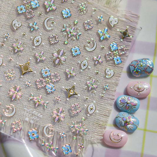 Gold Nail Art Stickers Floral Nail Decals Star Moon Nail Stickers 5D Embossed with Design Self Adhesive Nails Charms for Women Girls Kid Manicure DIY Decoration Accessories